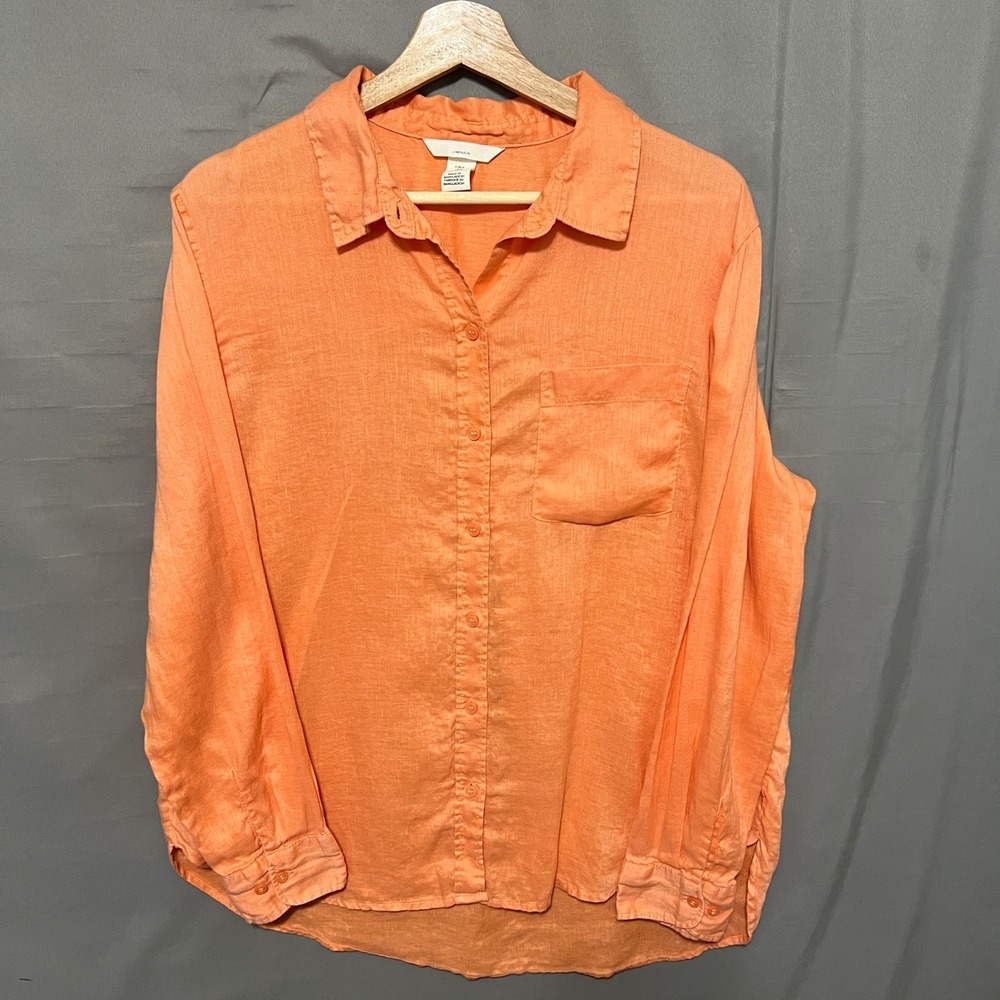 H&M Linen Button Down Shirt‎ Mens Medium Coral Long Sleeve Casual Relaxed Fit - Picture 2 of 5